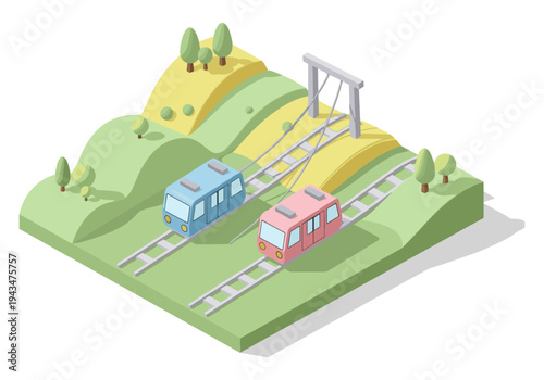 Isometric illustration of two colorful funicular trains ascending a green hillside with trees