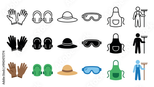 Gardening equipment and safety gear icon set presented in three distinct styles: thin line art, solid black glyph, and colorful flat design for various applications