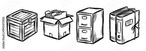 Hand-drawn black and white sketch illustrations of archive storage items including a wooden crate, a box of files, a filing cabinet, and tied binders in a simple doodle style