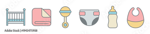 Set of colorful baby care icons including a crib, blanket, rattle, diaper, bottle, and bib, presented in a flat design style with a gentle pastel color palette