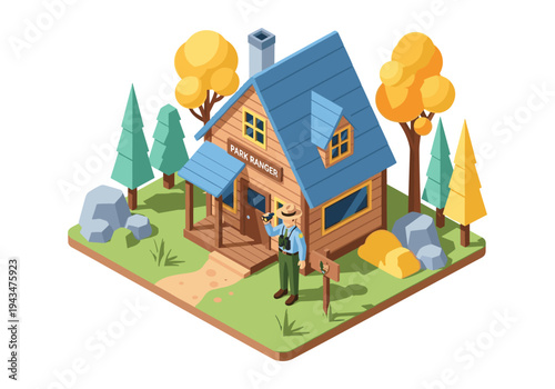 Park ranger standing outside a wooden cabin in a forest with trees and rocks