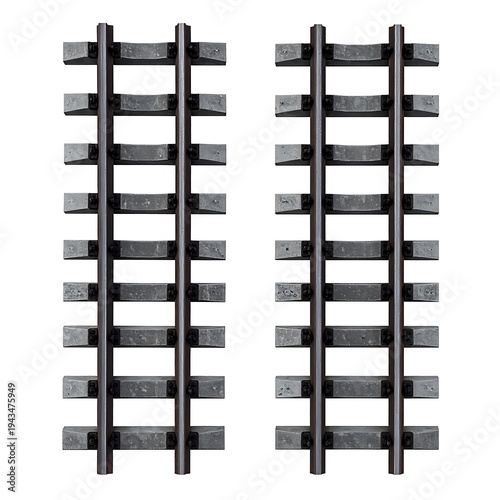 Two sections of toy railway track, vertically aligned with dark rails & grey ties, on a white background