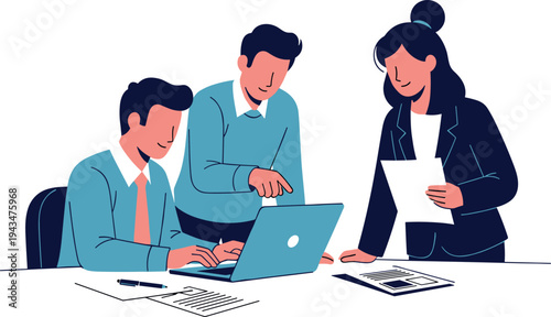 Three business professionals collaborating on a laptop on transparent background