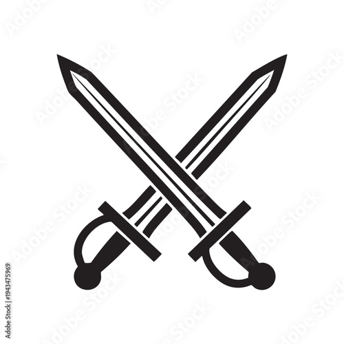 Two crossed swords form an iconic symbol of conflict and strength in a simple black illustration.