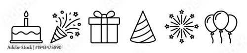Set of black birthday party icons including a cake with a candle, a popper with confetti, a gift box, a cone hat, fireworks, and balloons in a minimalist line art style