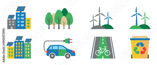 Set of ecology and sustainability icons featuring solar panels on buildings, wind turbines, an electric car, a recycling bin, and a bicycle lane for green city concepts