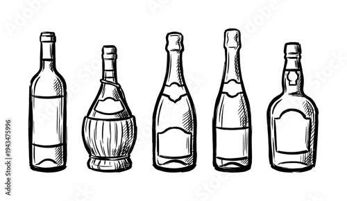 Collection of hand-drawn alcoholic beverage bottles including wine, champagne, and liquor in a rustic sketch style with bold black outlines and simple hatching