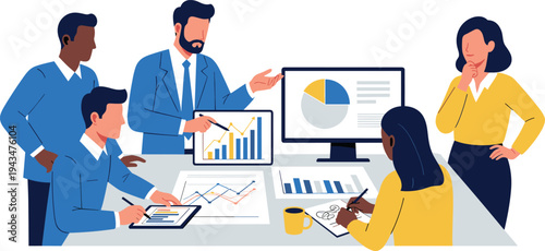 A diverse group of business professionals analyzing data on a computer screen on transparent background