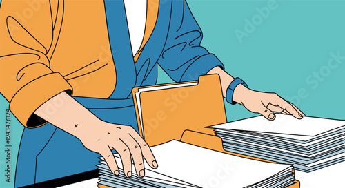 A person organizing documents into a folder on transparent background