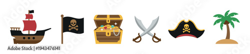 Colorful pirate-themed icon set featuring a ship, treasure chest, Jolly Roger flag, crossed swords, hat, and palm tree in a flat vector illustration style
