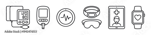 Set of medical device and telehealth icons showing a blood pressure monitor, glucometer, and smartwatch in a minimalist black and white line art style for healthcare concepts