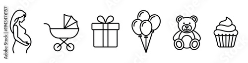 Set of baby shower line art icons featuring a pregnant woman, stroller, gift box, balloons, teddy bear, and cupcake, presented in a clean minimalist graphic style