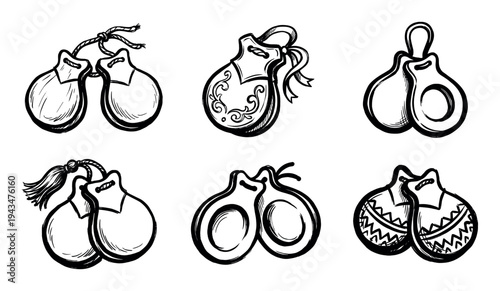 Set of six hand-drawn castanet illustrations in a black and white sketch style, showing various designs of the traditional Spanish percussion musical instrument