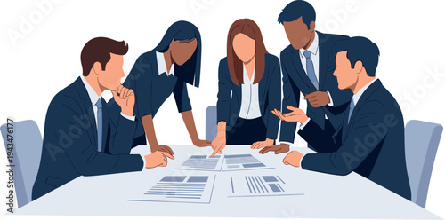 A diverse group of business professionals discussing documents on a table on transparent background