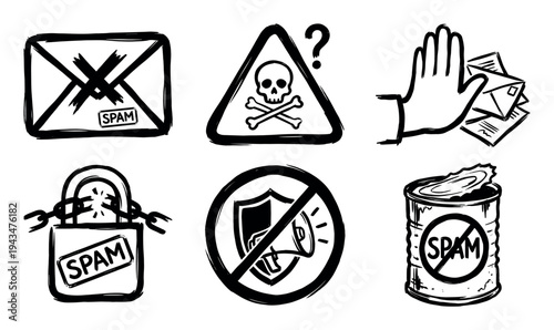 Collection of six hand-drawn sketch icons symbolizing spam, phishing, internet threats, and cybersecurity protection in a monochrome doodle style