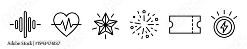 Set of black linear icons representing entertainment and celebration concepts including a sound wave, heartbeat, star, firework, ticket, and energy symbol in a minimalist outline style