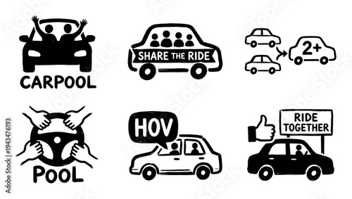 Set of six hand-drawn carpool icons in a simple black and white doodle style illustrating ride sharing, HOV lanes, and sustainable transportation concepts