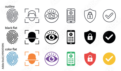 Collection of biometric security and identification icons in outline, black flat, and color flat styles, showing authentication methods like fingerprint, face, and eye scans