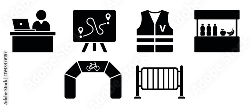 Set of black glyph icons for a marathon or cycling race organization, including a registration desk, route map, volunteer vest, refreshment station, and finish line arch