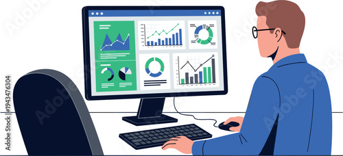 A businessman analyzing data on a computer with graphs on transparent background