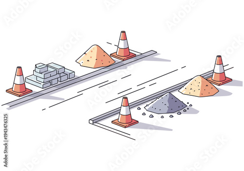 Road construction materials and safety cones are placed along a street