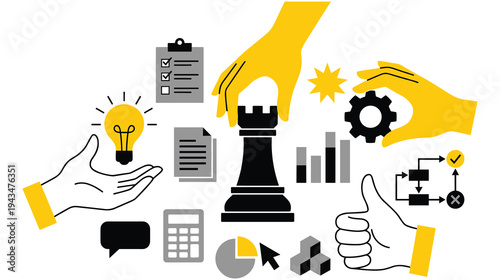 Strategic planning business solution with lightbulb ideas and chess rook
