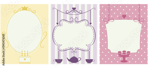 Sweet bakery retro backgrounds set with muffins, cups, teapot, cake, polka dots, heart, vintage pattern