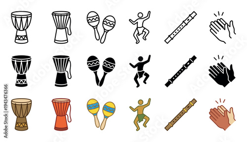 Set of ethnic music and dance icons presented in line, glyph, and full color styles, showing djembe drums, maracas, a traditional flute, a dancer, and clapping hands