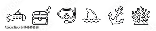 Six black line art icons representing underwater adventure and marine life, featuring a submarine, treasure chest, diving mask, shark fin, anchor, and coral reef illustration