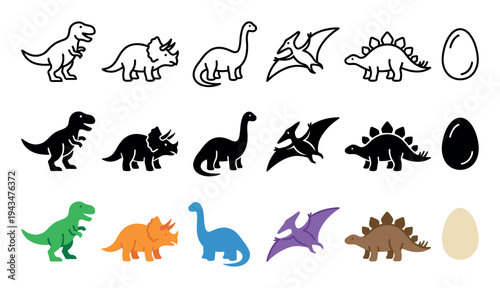 Set of simple dinosaur vector icons featuring T-Rex, Triceratops, and Stegosaurus in three different styles: outline, solid black silhouette, and flat color
