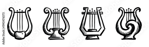 Four ancient Greek lyre musical instruments hand-drawn in a rough black ink sketch style, showing different classic and ornamental designs for music and poetry concepts