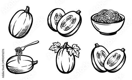 Black and white spaghetti squash icon set showing the whole vegetable, cut halves, and cooked noodles in a hand-drawn, graphic sketch style for healthy food concepts