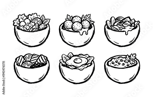 Set of six hand-drawn food bowls with various healthy meals like salad, meatballs, and eggs, illustrated in a simple black and white sketch style for a restaurant menu