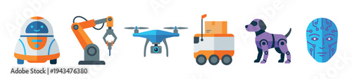 Set of robotic technology and artificial intelligence icons including a personal assistant, industrial arm, drone, delivery bot, robot dog, and cyborg face in a flat design style