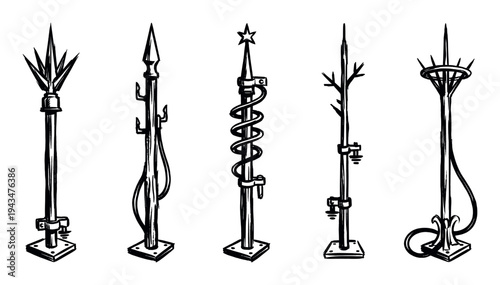 Set of five hand-drawn lightning rods in a sketchy ink style, showcasing various designs of electrical conductors for building protection from a storm
