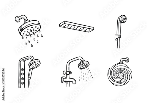 Collection of six hand-drawn shower heads in a doodle sketch style showing various bathroom fixtures like rain, handheld, and panel systems for hygiene concepts