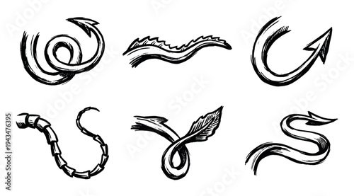 Six hand-drawn black grunge brushstroke arrows in a collection of various dynamic shapes like spirals, curves, and waves, showing an artistic and sketchy ink style