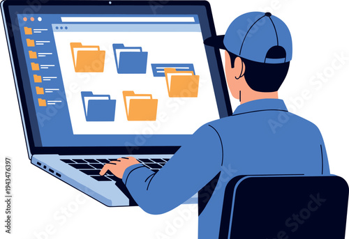 A man in a blue shirt and cap works on a laptop on transparent background