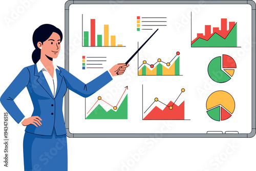 A confident businesswoman presents data on a whiteboard on transparent background