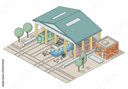 Isometric illustration of a tram depot with multiple trams undergoing maintenance and repair