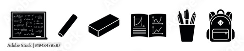 Collection of black education glyph icons featuring a blackboard with formulas, chalk, an eraser, a textbook with graphs, pens, and a backpack for school concepts