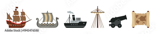 Collection of historical maritime icons featuring a galleon, viking longship, steamship, crow's nest, cannon, and treasure map, rendered in a simple flat vector illustration style