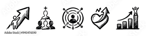 Hand drawn business growth icon set showing teamwork, success, achievement, and personal development in a sketchy doodle style illustration for presentations and infographics