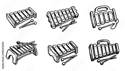 Set of six hand-drawn toy xylophones and glockenspiels with mallets, illustrated in a charming black and white sketch style for music education and creative play concepts