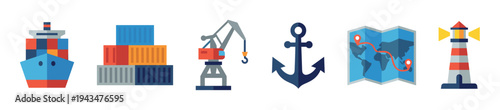 Set of colorful flat design icons for shipping, logistics, and maritime industry themes, including a container ship, cargo boxes, harbor crane, anchor, world map, and lighthouse
