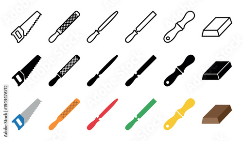Hand tool icon set for carpentry and woodworking featuring a handsaw, rasp, various files, and a whetstone in three different design styles: outline, glyph, and color