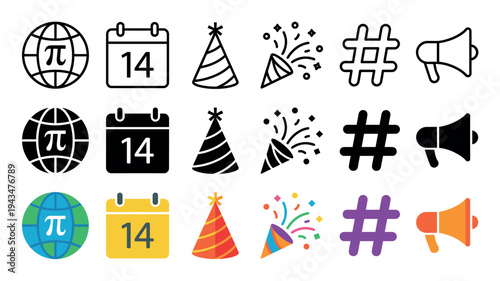 Set of vector icons for Pi Day celebration presented in line, glyph, and flat color styles, including a pi symbol globe, calendar date 14, party hat, popper, and hashtag