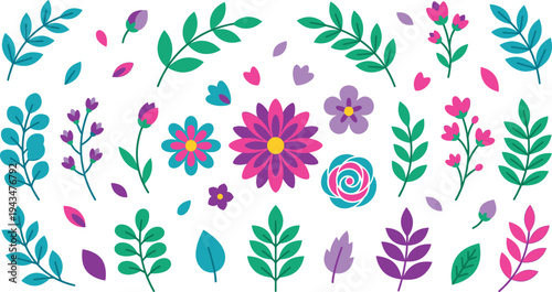 Colorful botanical leaves and flowers vector set with decorative floral elements, branches, petals and garden plants for spring nature design illustration