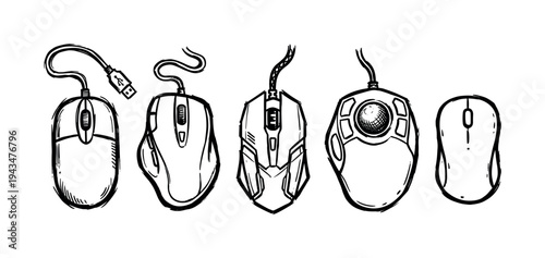 Collection of hand-drawn computer mice including gaming, ergonomic, trackball, and wireless models in a black and white sketch style, representing various computer peripherals