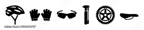 Set of black bicycle equipment icons including a helmet, gloves, sunglasses, pump, chainring, and saddle for cycling enthusiasts, presented in a minimalist silhouette style